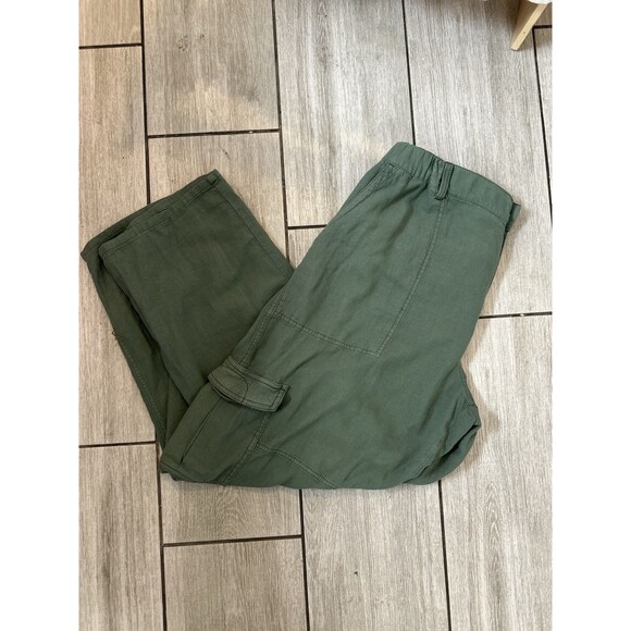 Anthropologie Pilcro Linen Blend Green Cargo Utility Pull On Pants Med Wide Leg - Picture 10 of 11